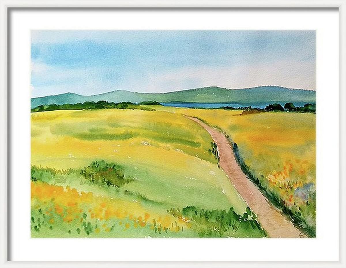 Impressionistic Landscape Watercolour By Asha Shenoy, 14 X 10, Impressionist Summer Meadow, Original Artwork
