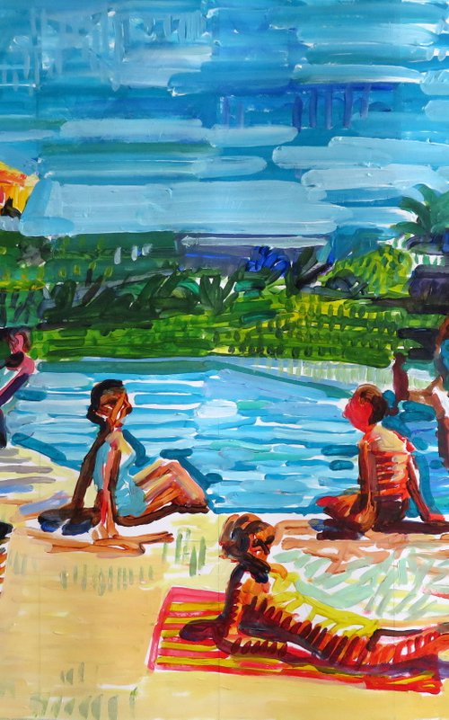 pool scene with yellow umbrella 2 by Stephen Abela