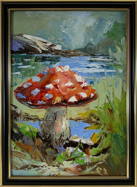 Fly agaric.Mushrooms landscape