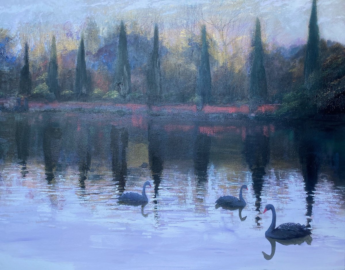 Impressionistic Landscape Oil Painting By Simon Jones, 36 X 28", Autumn Estate Lake 1, Original Artwork