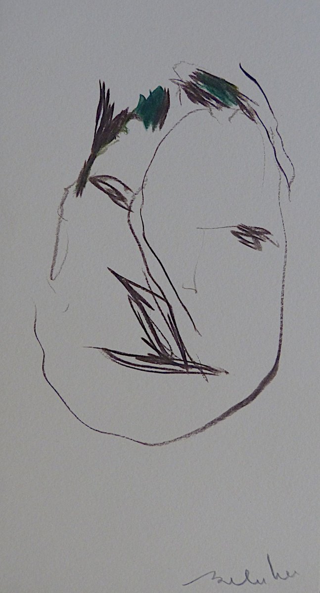 Expressive Portrait Pencil Drawing By Frederic Belaubre, 4 X 8, The Electric Face 9, Original Artwork