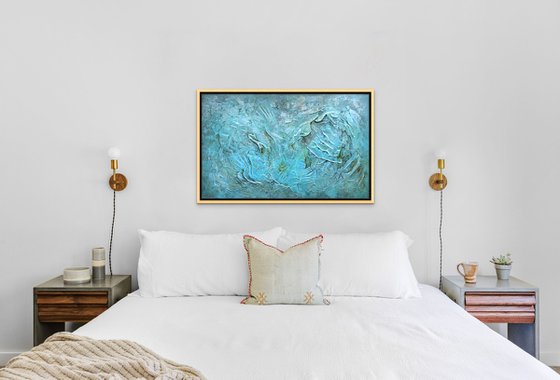 FOSSILS AND SEA SHELLS. Large Abstract Blue Teal Silver Gray Textured Painting 3D