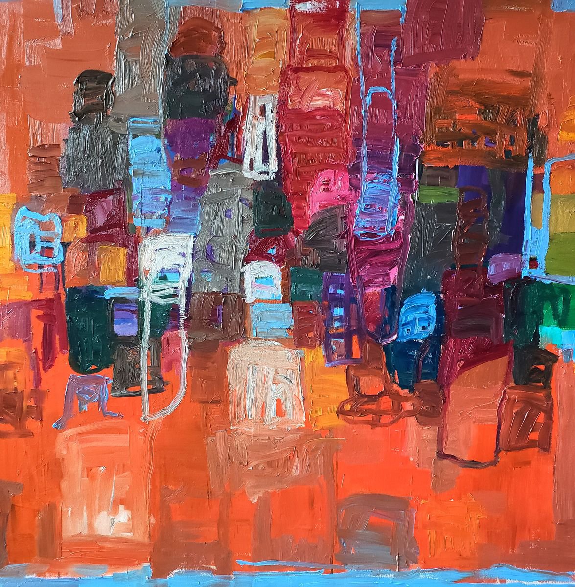 Expressive Abstract Oil Painting By Shelton Walsmith, 54 X 54", Egress Through The Orange Grove, Original Artwork