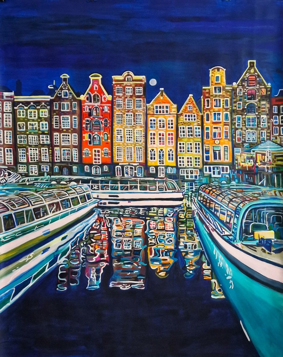 Impressionistic Cityscapes Acrylic Painting By Alexandra Djokic, 47 X 59, Amsterdam At Night , Xxl, Original Artwork