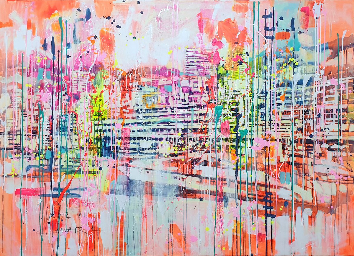 Impressionistic Cityscapes Acrylic Painting By Marta Zawadzka, 71 X 51", Monaco, Port Hercules, Original Artwork
