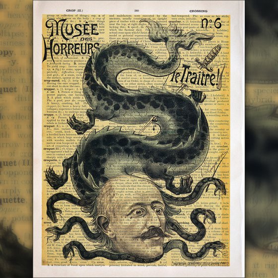 Musee des Horreurs: Le Traitre! - Collage Art Print on Large Real English Dictionary Vintage Book Page