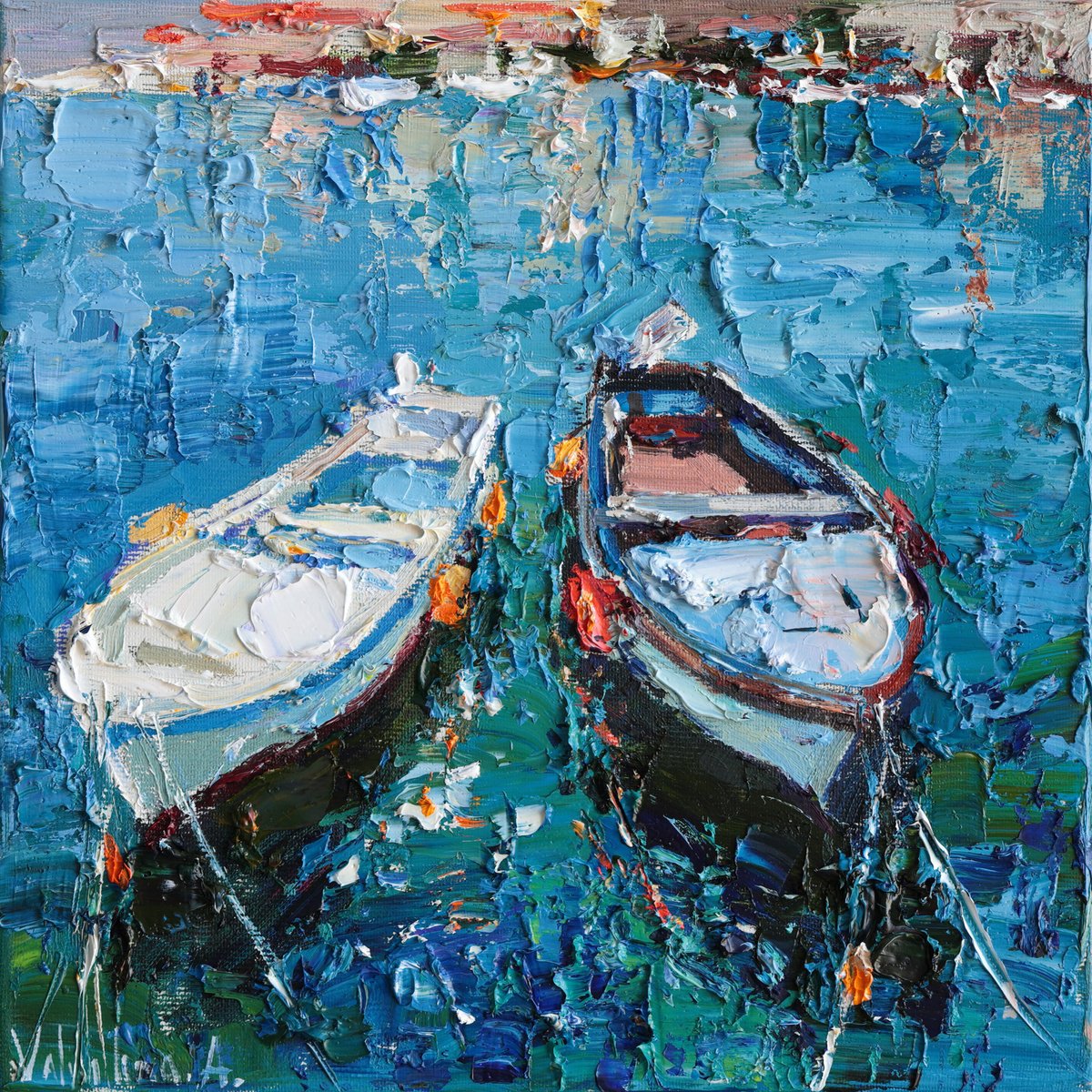 Impressionistic Landscape Oil Painting By Anastasiia Valiulina, 10 X 10, Rowing Boats, Original Artwork