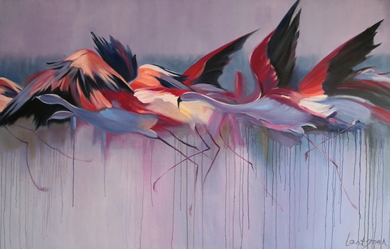 Flying tropical Pink flamingos Painting