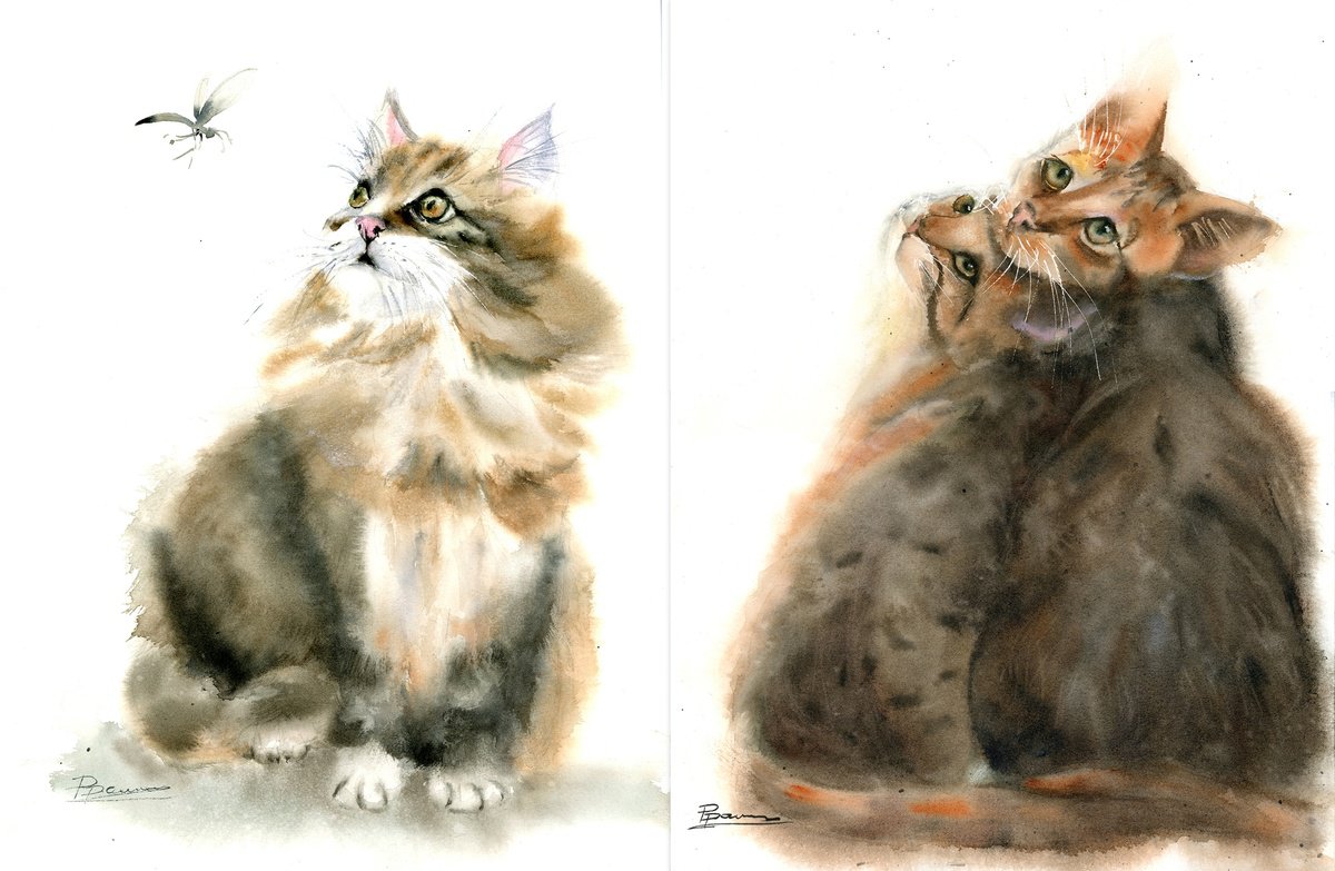 Impressionistic Watercolour , Cats - Diptych By Olga Tchefranov (Shefranov), 24 X 16, Artwork For Sale On Artfinder