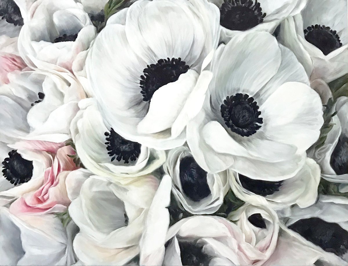 Oil painting with white flowers Clouds of anemones 80*60 cm by Irina Ivlieva