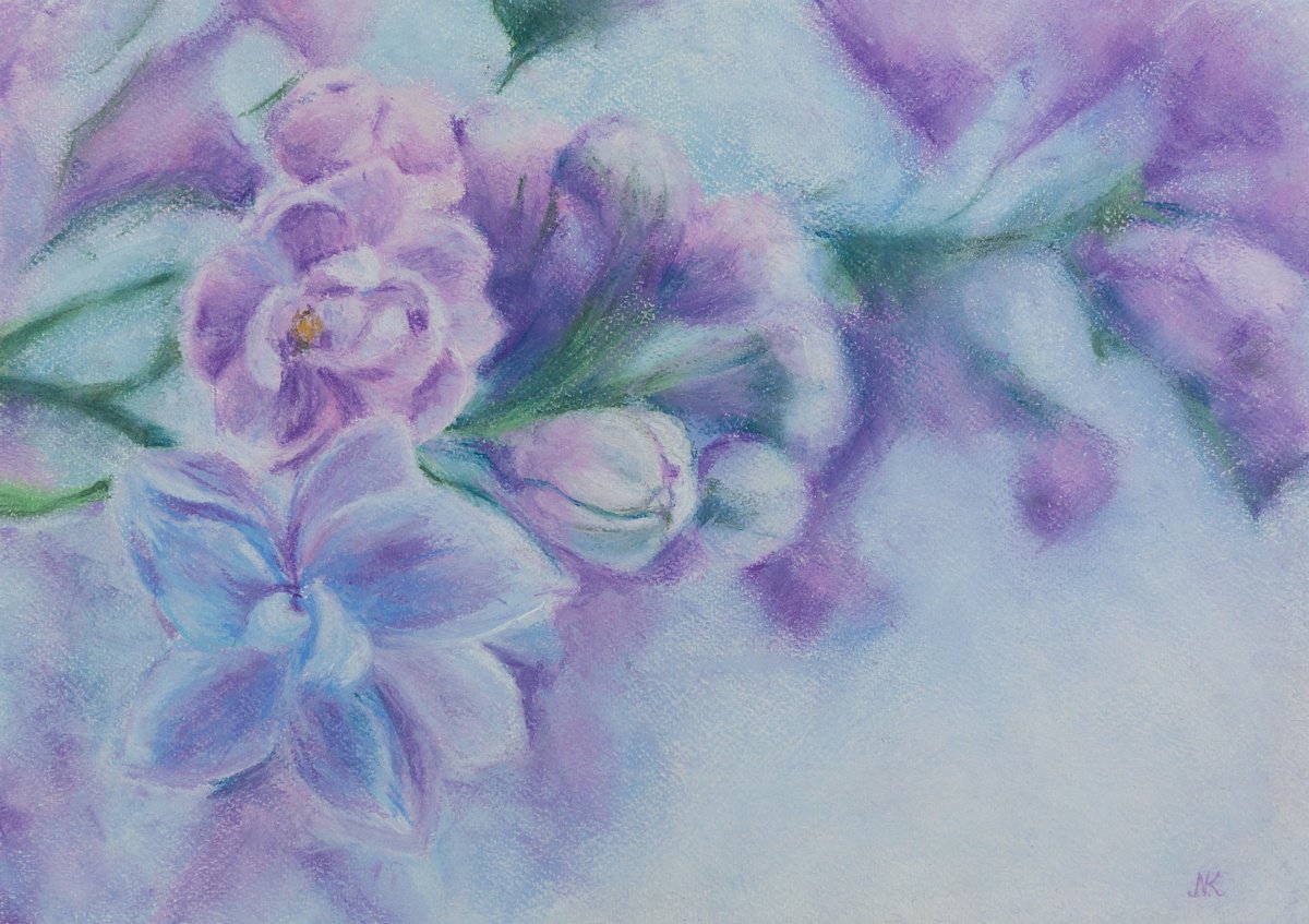 Impressionistic Botanical Pastel Drawing By Kateryna Nazarenko, 17 X 12", Lilac Fragrance, Original Artwork