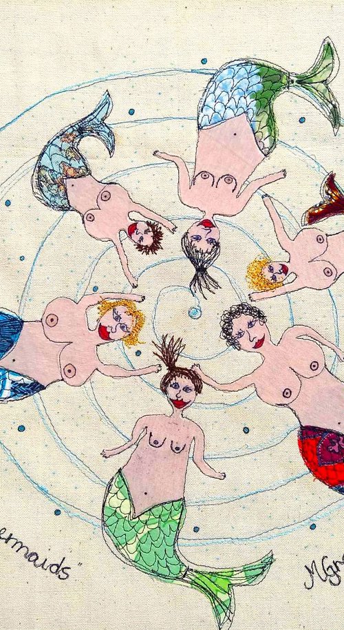 The Little Mermaids - Textile Collage by Monica Green