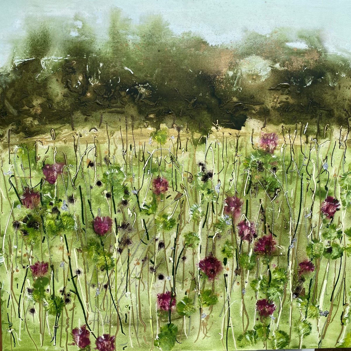 Impressionistic Landscape Acrylic Painting By Elizabeth Westcott, 35 X 35, Thistles, Original Artwork