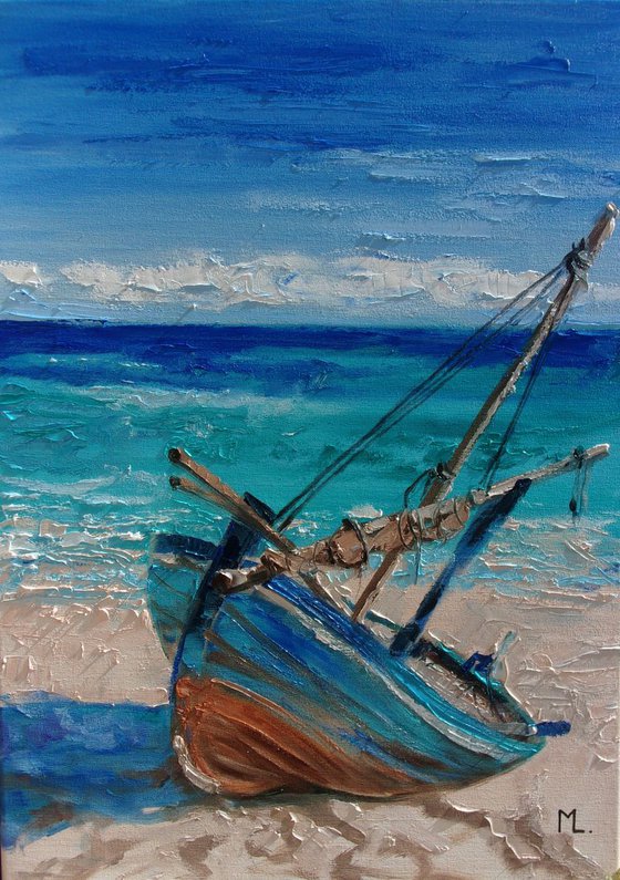 " RELAX IN BLUE " SHIP BOAT SAIL original painting palette knife GIFT MODERN URBAN ART OFFICE ART DECOR HOME DECOR GIFT IDEA