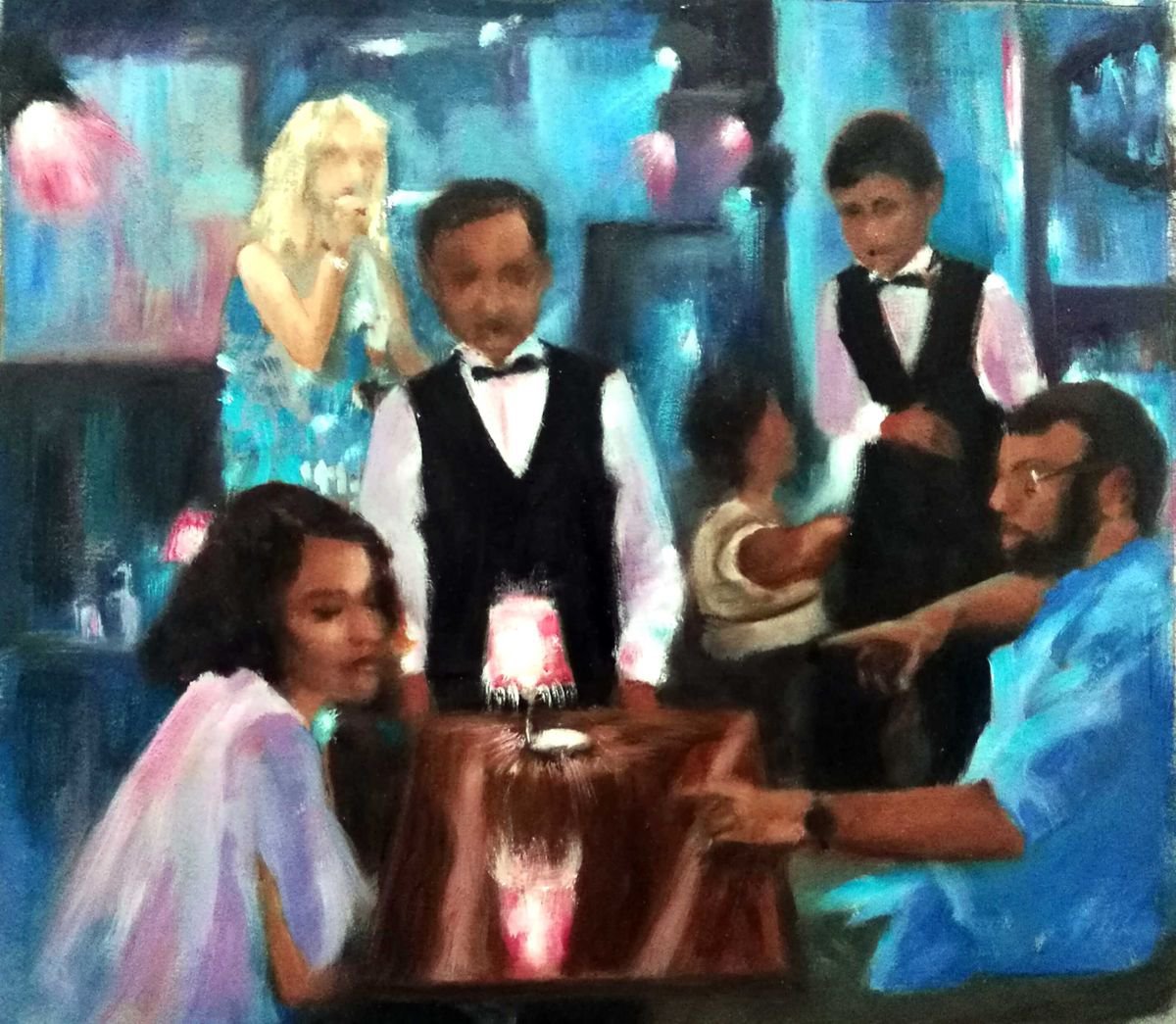 Impressionistic Portrait Oil Painting By Daniela Roughsedge, 13 X 11, The Night Out - Restaurant Scene, Original Artwork
