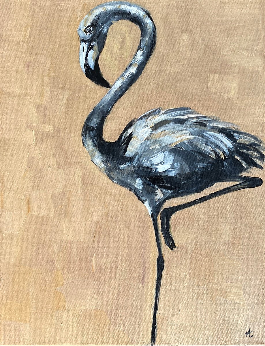 Impressionistic Animal Acrylic Painting By Arti Chauhan, 14 X 18, Just Be_ Flamingo, Original Artwork