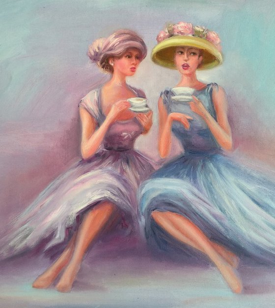 Cafe Scene Restaurant Art Women's Talk Tea for two Friends Secrets Beautiful Girl in Hats