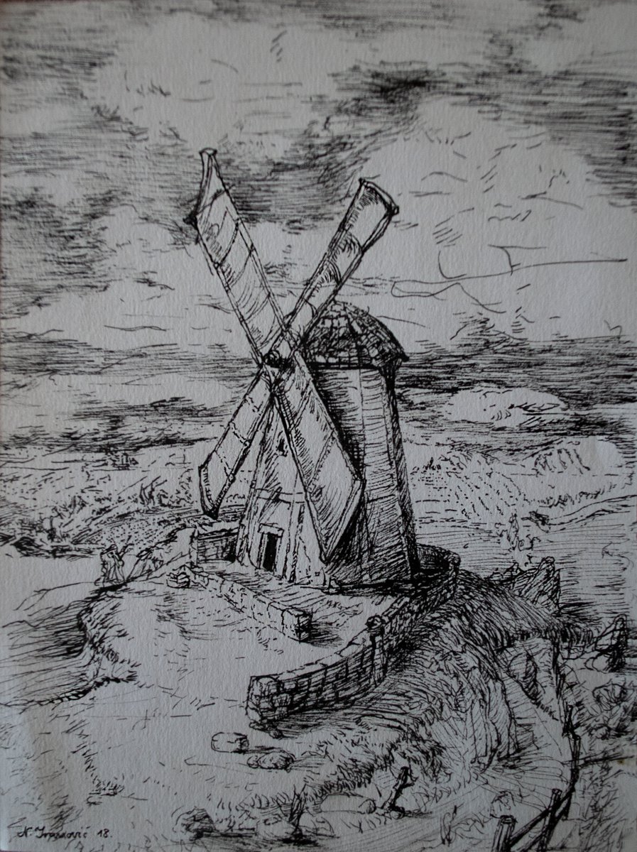 Graphic Ink Drawing , The Mill By Nikola Ivanovic, 6 X 8, Artwork For Sale On Artfinder