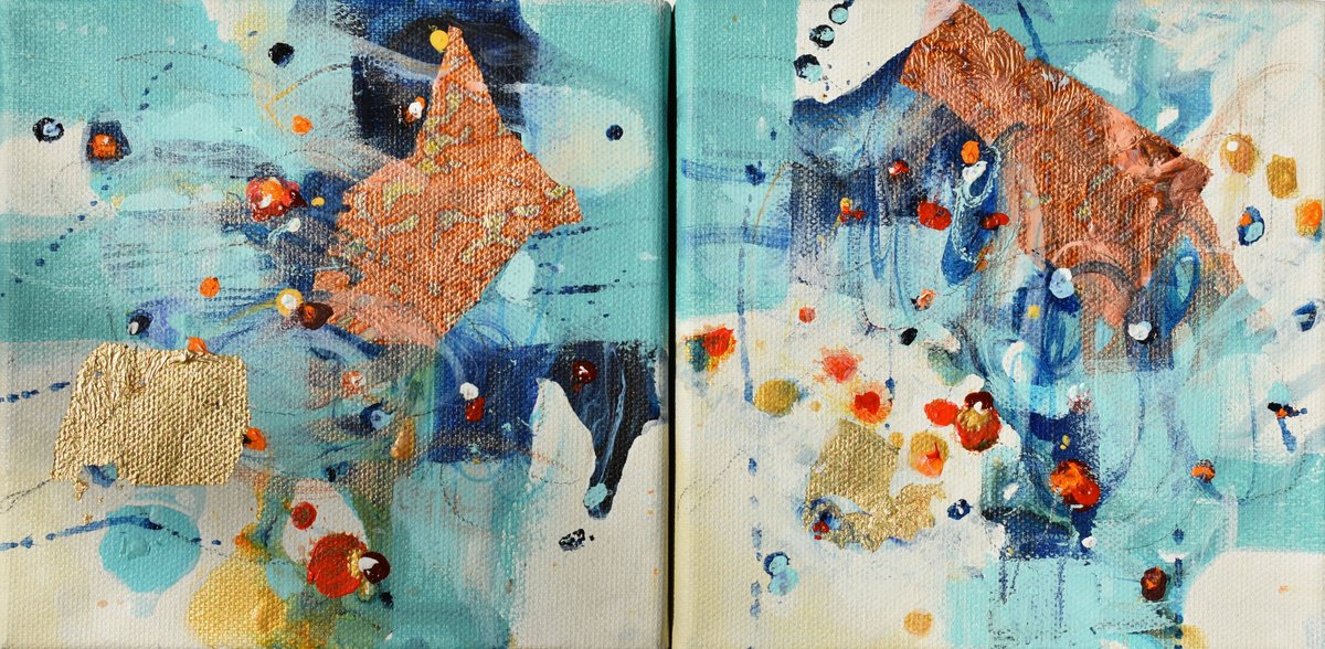 Abstract Acrylic Painting By Cynthia Ligeros, 12 X 6, Clouds And Sunlight Reflection, Original Artwork