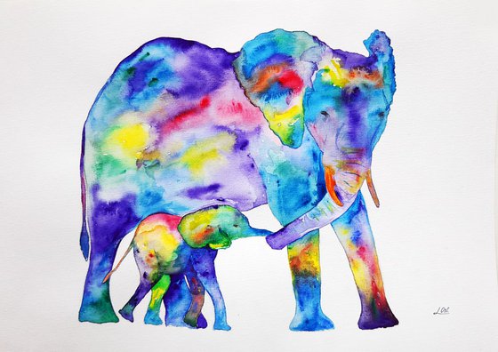 Family of elephants, watercolor