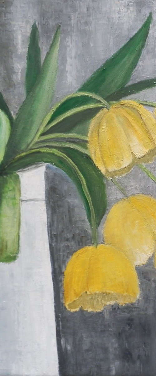 Still life with yellow tulips by Maria Karalyos