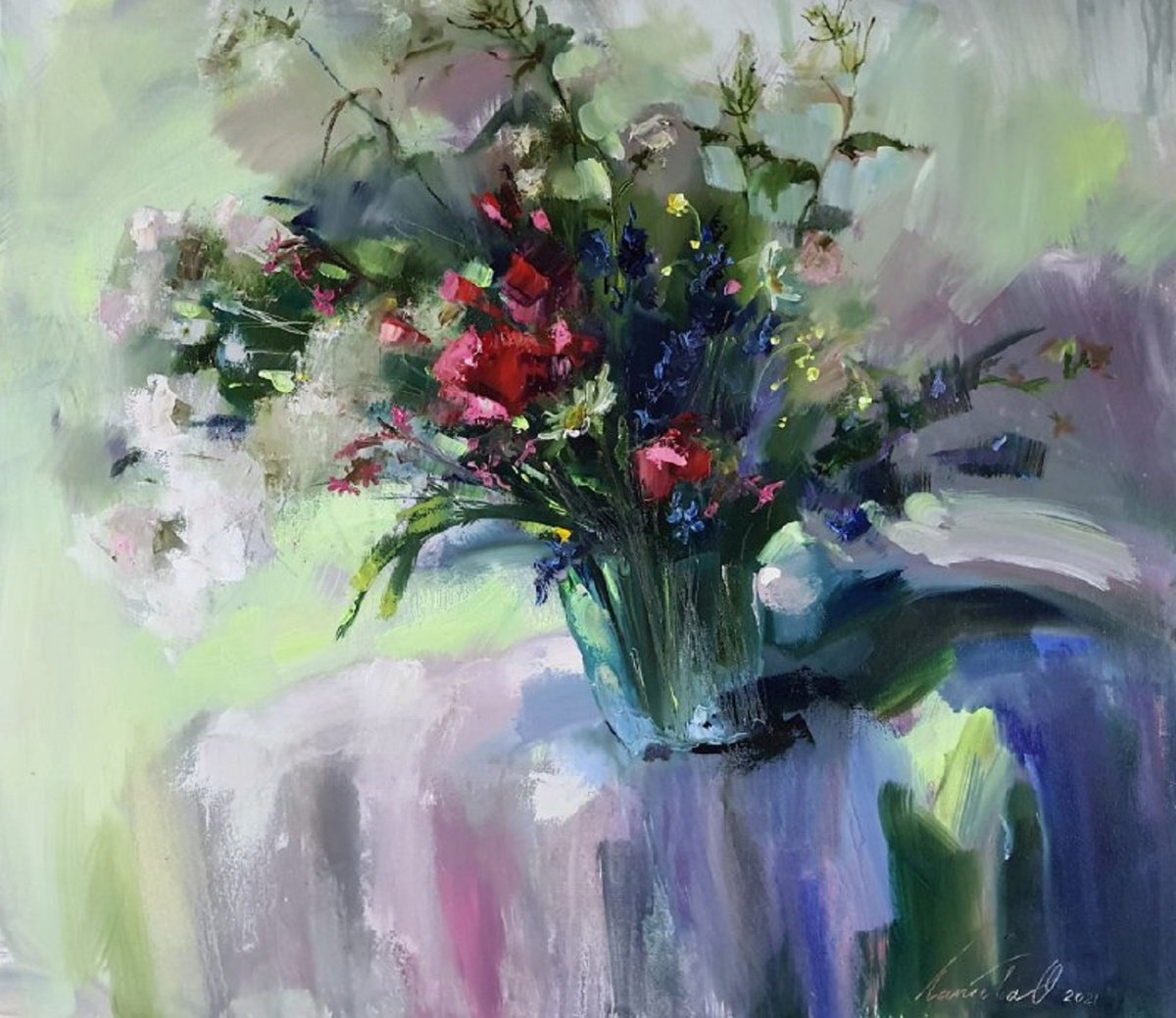 Impressionistic Botanical Oil Painting By Olha Laptieva, 28 X 24", Wildflowers, Original Artwork