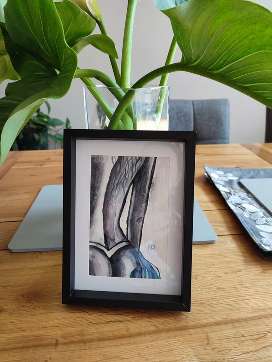 Erotic beauty, original gestural nude black and white painting, framed