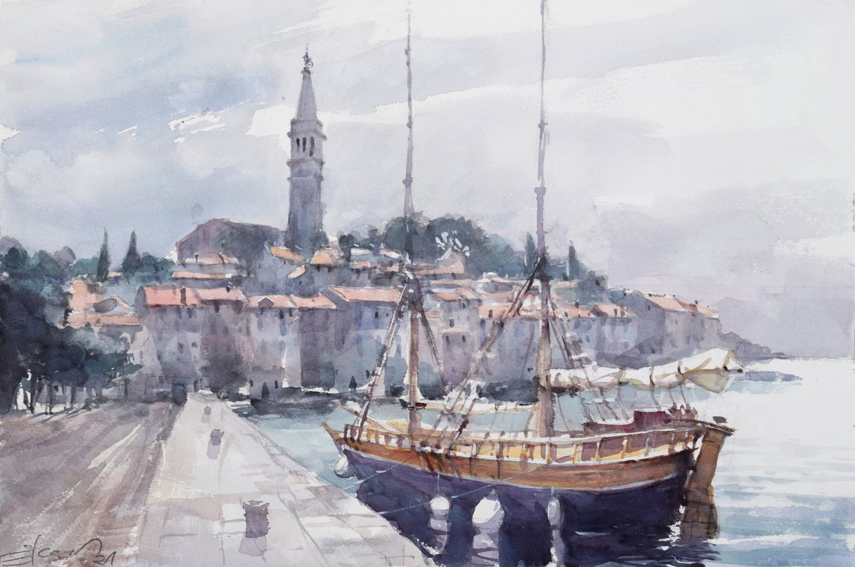 Cityscapes Watercolour By Goran Zigolic Watercolors, 22 X 15, Rovinj (Rovigno), Croatia, Original Artwork