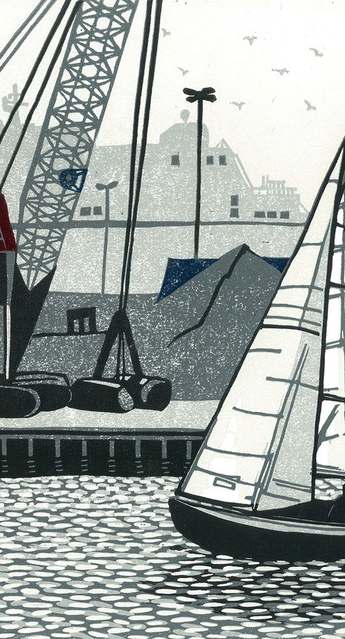 Poole Quay, signed original linocut print, edition of 25 by Cecca Whetnall