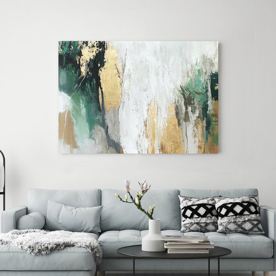 "Green Avalanche" Green gold abstract art