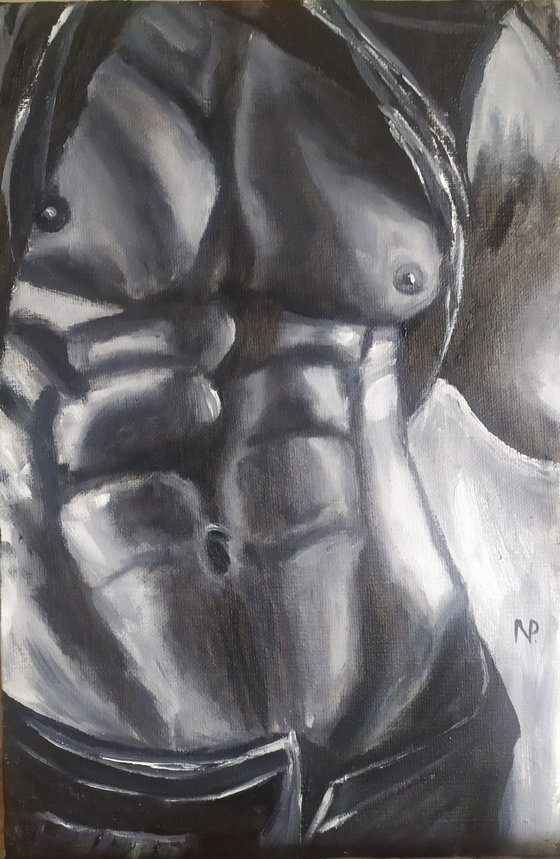 Biker, original nude erotic man body, gift, oil painting, art for home