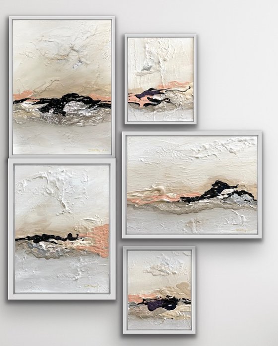 Poetic Landscape - Peach , White, Black - Composition 5 paintings framed - Wall Art Ready to hang