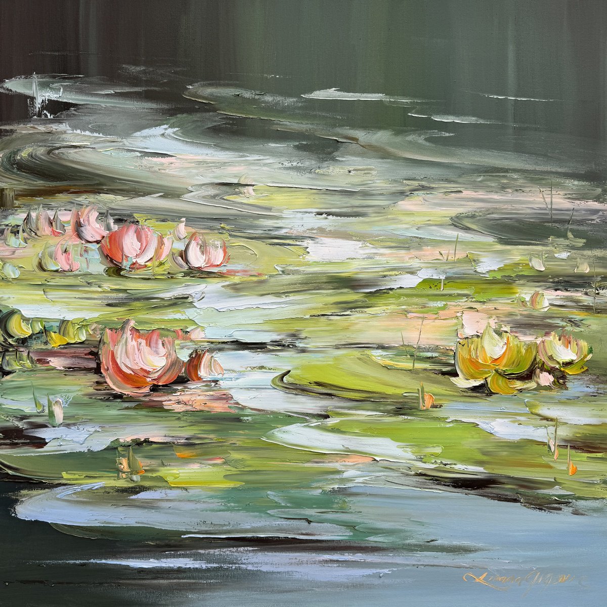 Impressionistic Botanical Oil Painting By Liliana Gigovic, 36 X 36", Water Lilies No 178, Original Artwork