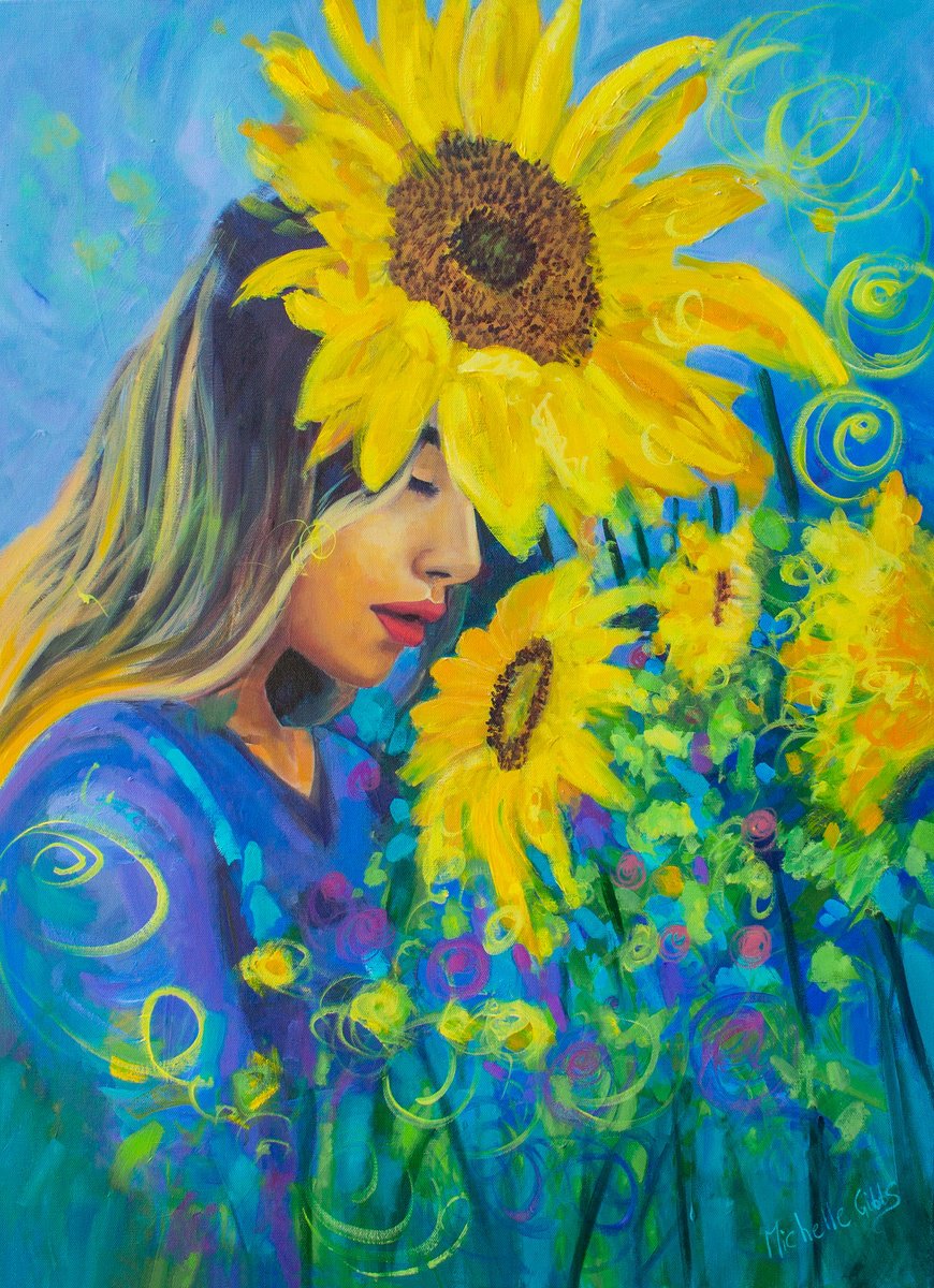 Impressionistic Portrait Oil Painting By Michelle Gibbs, 24 X 32", Sunflowers &Amp; Nature, Original Artwork