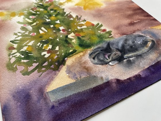 Christmas Cat Watercolor Painting, Winter Holiday Original Artwork, Cozy Home Decor, Christmas Gifts