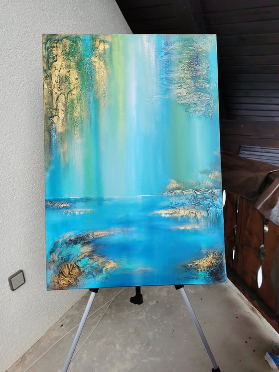 A XL large semi-abstract beautiful structured mixed media painting of a lake "Under the willow"