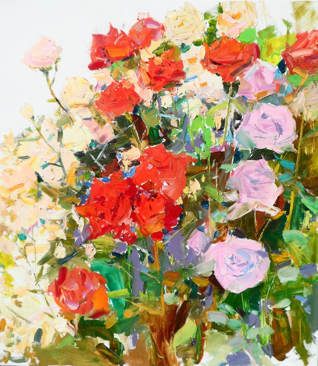 Impressionistic Botanical Oil Painting By Yehor Dulin, 28 X 31", Roses In My Garden, Original Artwork