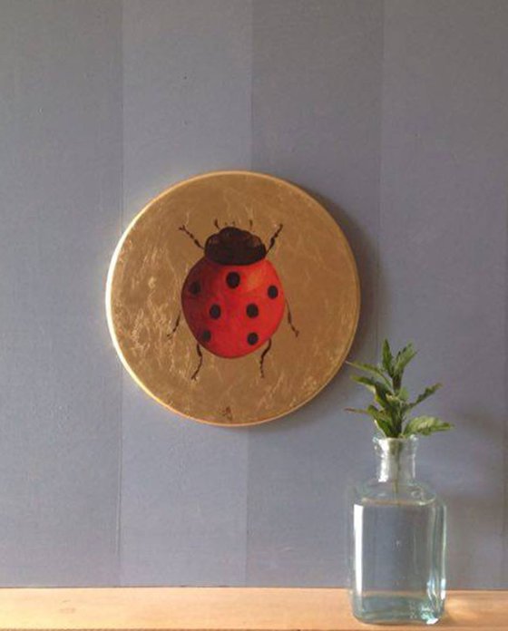 My Little Golden Ladybug Oil Painting on Round Lacquered Golden Leaf Canvas Frame