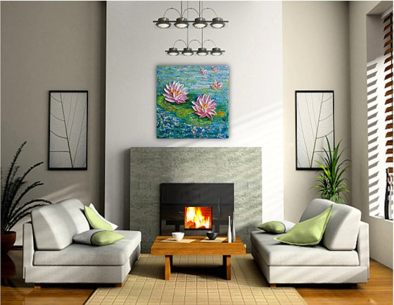 Water Lilies at the Park - Impasto Floral Art