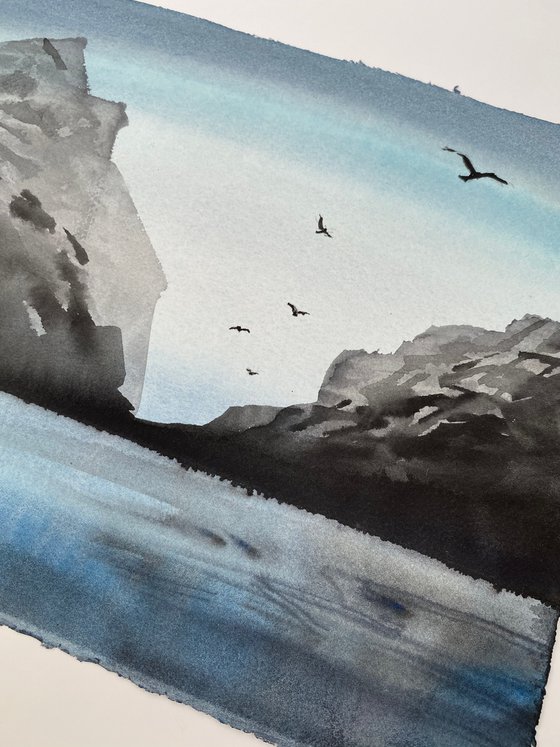 The North Sea original watercolor artwork, blue colors, cold water, medium size decor for  loft interior