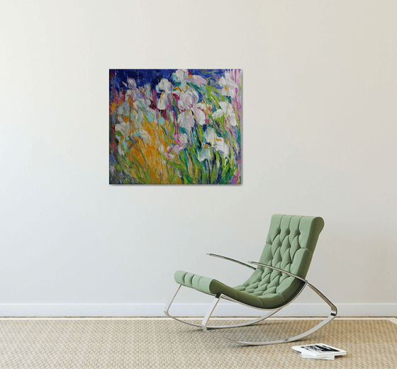 Painting Irises, summer landscape, white flowers in garden