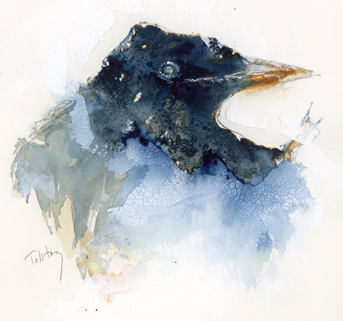 Impressionistic Animal Watercolour By Alex Tolstoy, 12 X 12, Dark Blue Crow, Original Artwork