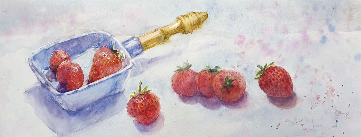 SERVING STRAWBERRIES original watercolour 50X20 by Beata van Wijngaarden