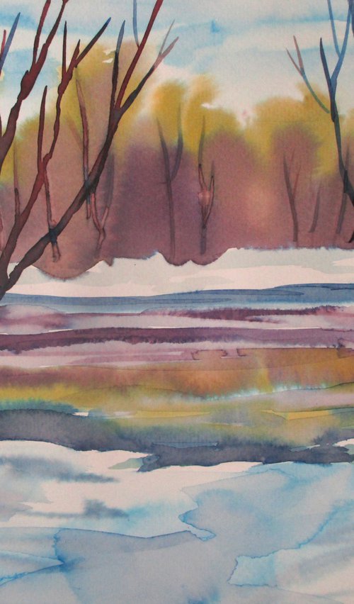 Winter landscape - watercolor painting by Julia Gogol
