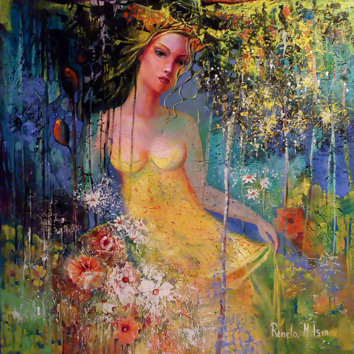 Portrait Oil Painting By Reneta Isin, 31 X 31", " Spring ", Original Artwork