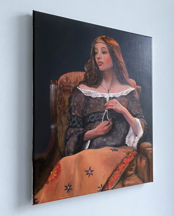 Pre-Raphaelite style original oil painting 16x20 inches linen canvas classic portrait.