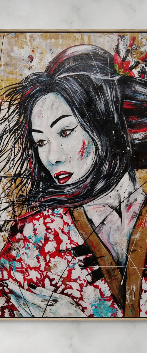 Cherry and Aqua 120cm x 150cm Textured Book Page Urban Pop Art by Franko