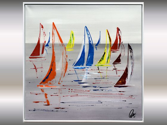 Small Race  acrylic abstract painting sailboat painting framed canvas wall art