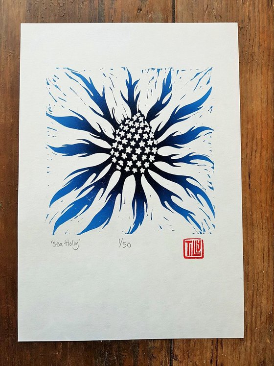 Sea Holly, Prussian blue Lino print, lino cut