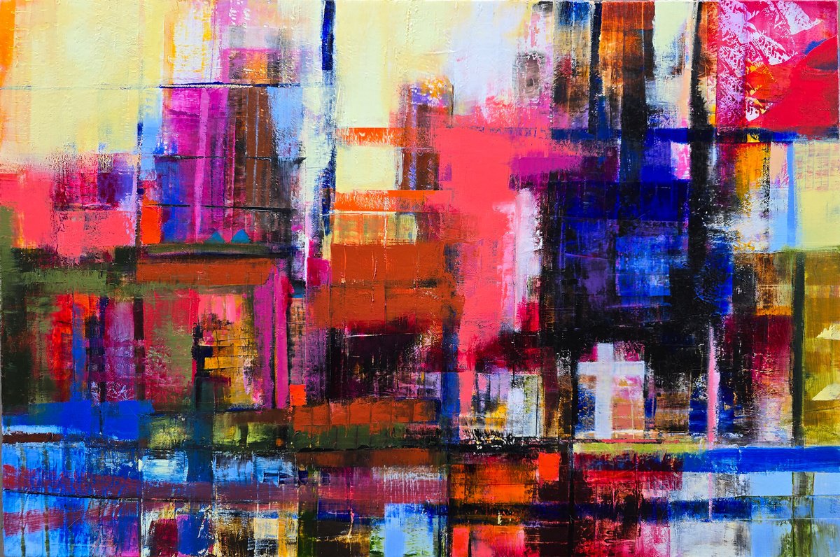 Geometric Abstract Oil Painting By Faith Patterson, 36 X 24, Morning Story, Original Artwork